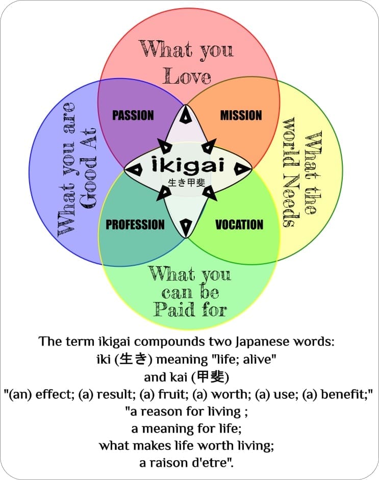 Japanese word ikigai illustrated concept