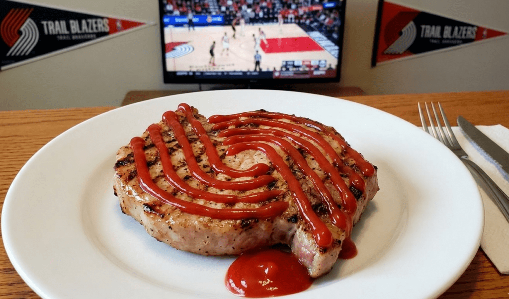 A ketchup covered pork  patty in the shape of a Portland Trailblazers logo.